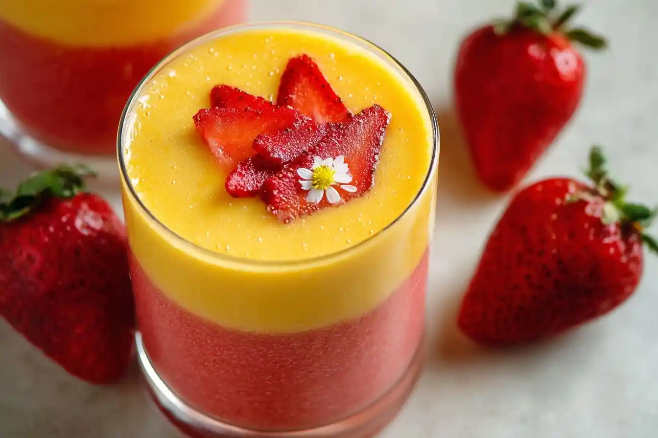 Close-up of a layered strawberry mango mousse in a glass topped with fresh strawberry slices and a tiny flower
