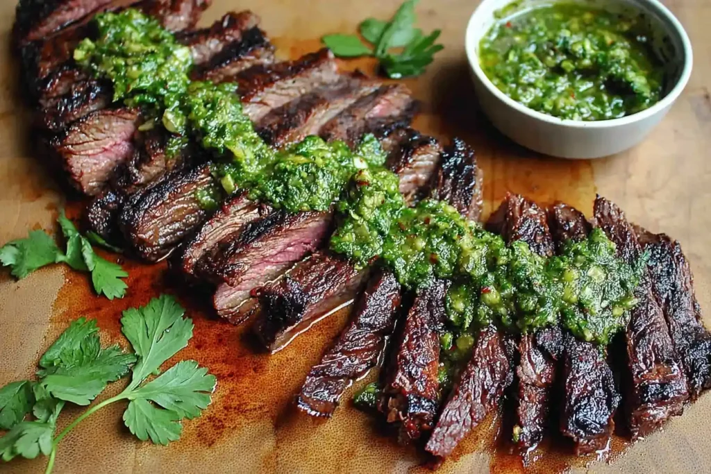 Sliced {{ $('Fetch Recipe Data').first().json["Main Keyword"] }} topped with fresh herb sauce on a cutting board.