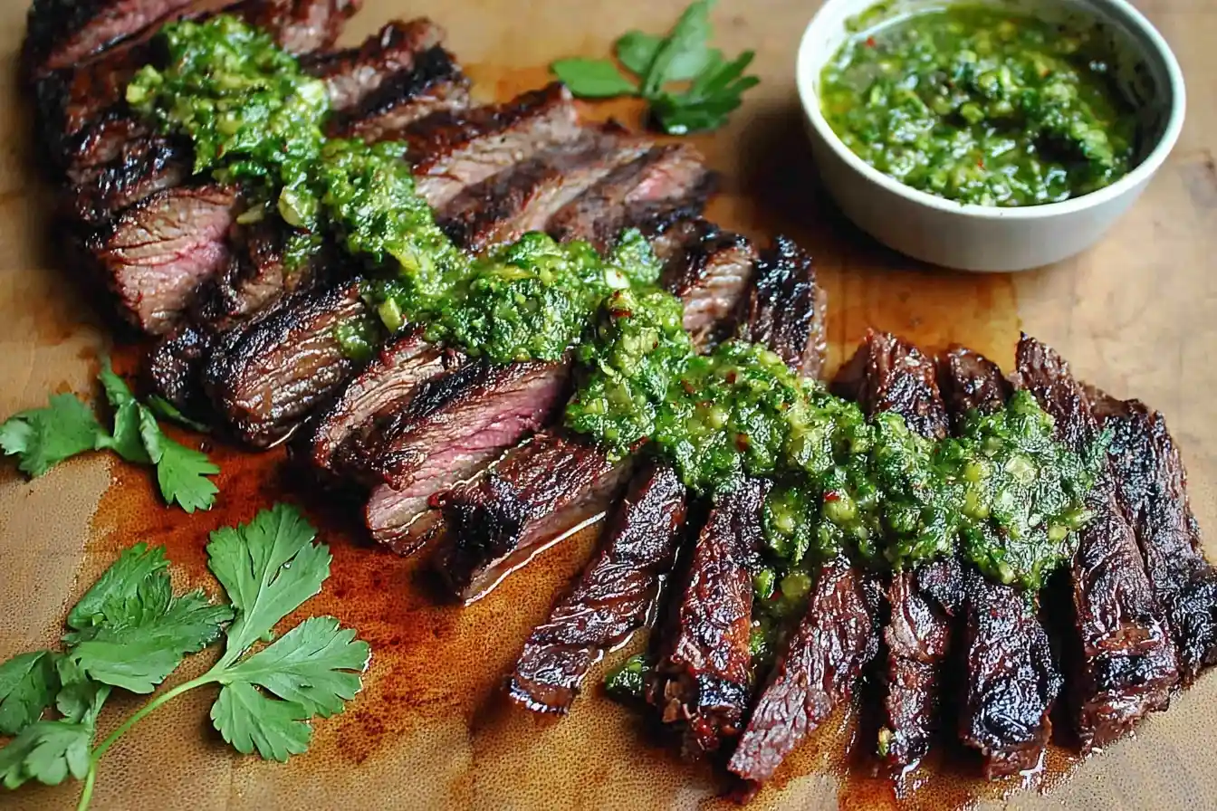 Sliced {{ $('Fetch Recipe Data').first().json["Main Keyword"] }} topped with fresh herb sauce on a cutting board.