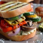 Delicious grilled vegetable sandwich loaded with zucchini, peppers, mushrooms, and onions on toasted bread.