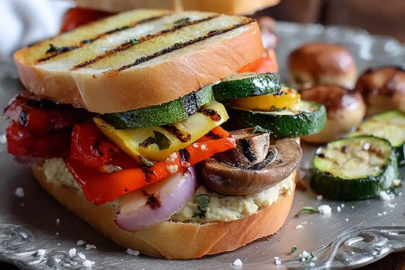 Delicious grilled vegetable sandwich loaded with zucchini, peppers, mushrooms, and onions on toasted bread.
