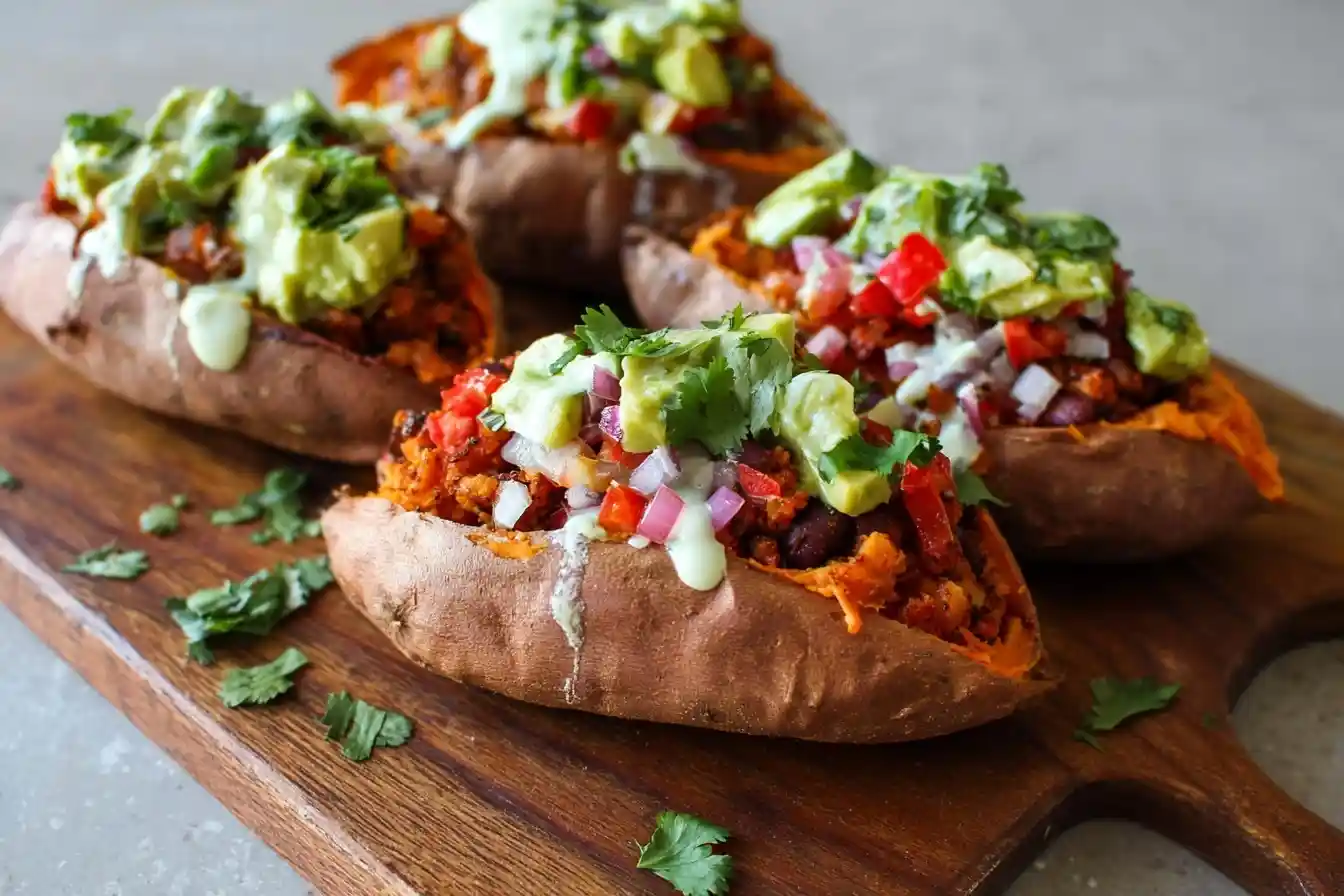 Fresh {{ $('Fetch Recipe Data').first().json["Main Keyword"] }} topped with avocado and cilantro on a wooden board.