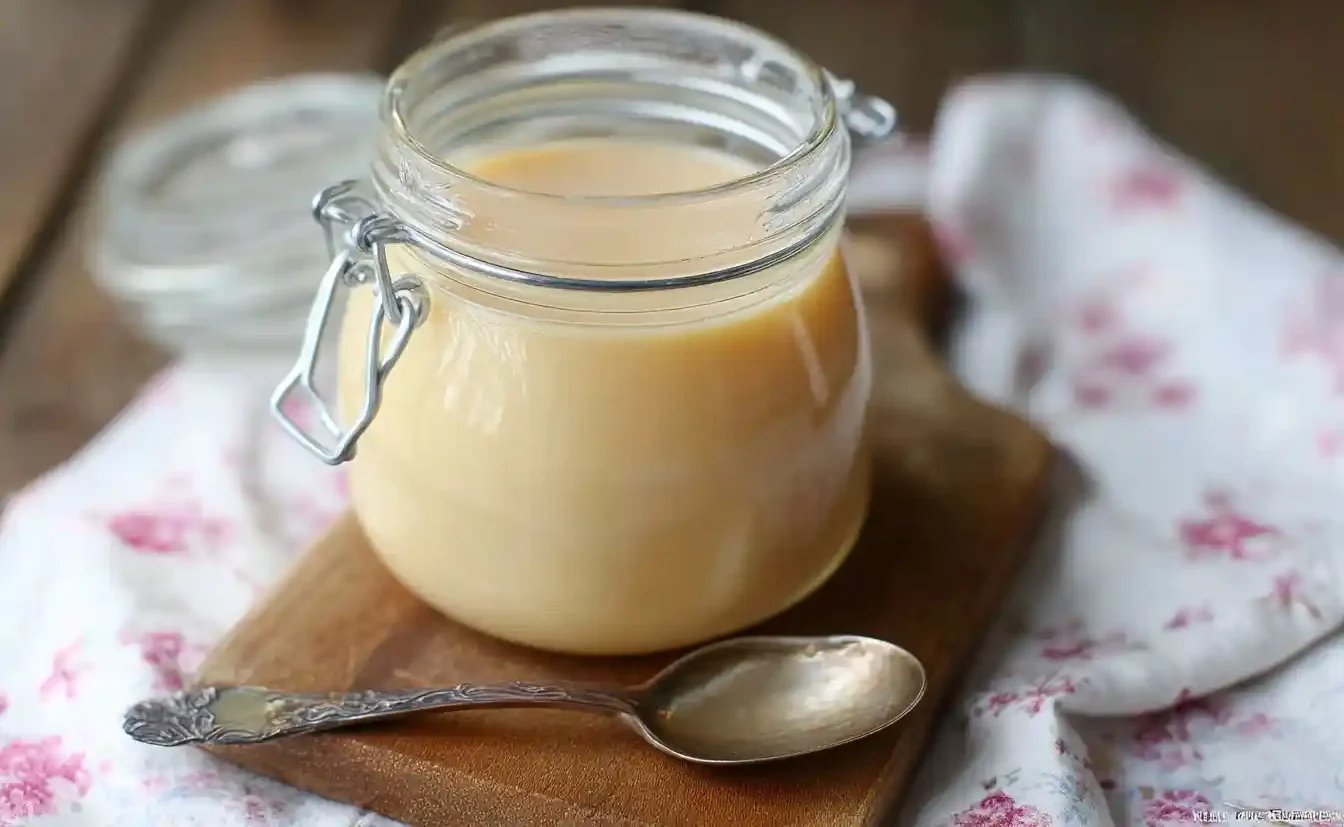 Glass jar filled with creamy homemade sweetened condensed milk sitting on a wooden board next to a silver spoon.