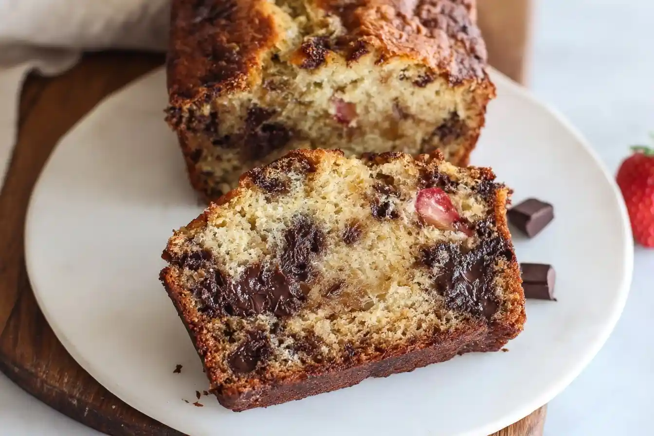 A sliced loaf of {{ $('Fetch Recipe Data').first().json["Main Keyword"] }} with melted chocolate on a plate.