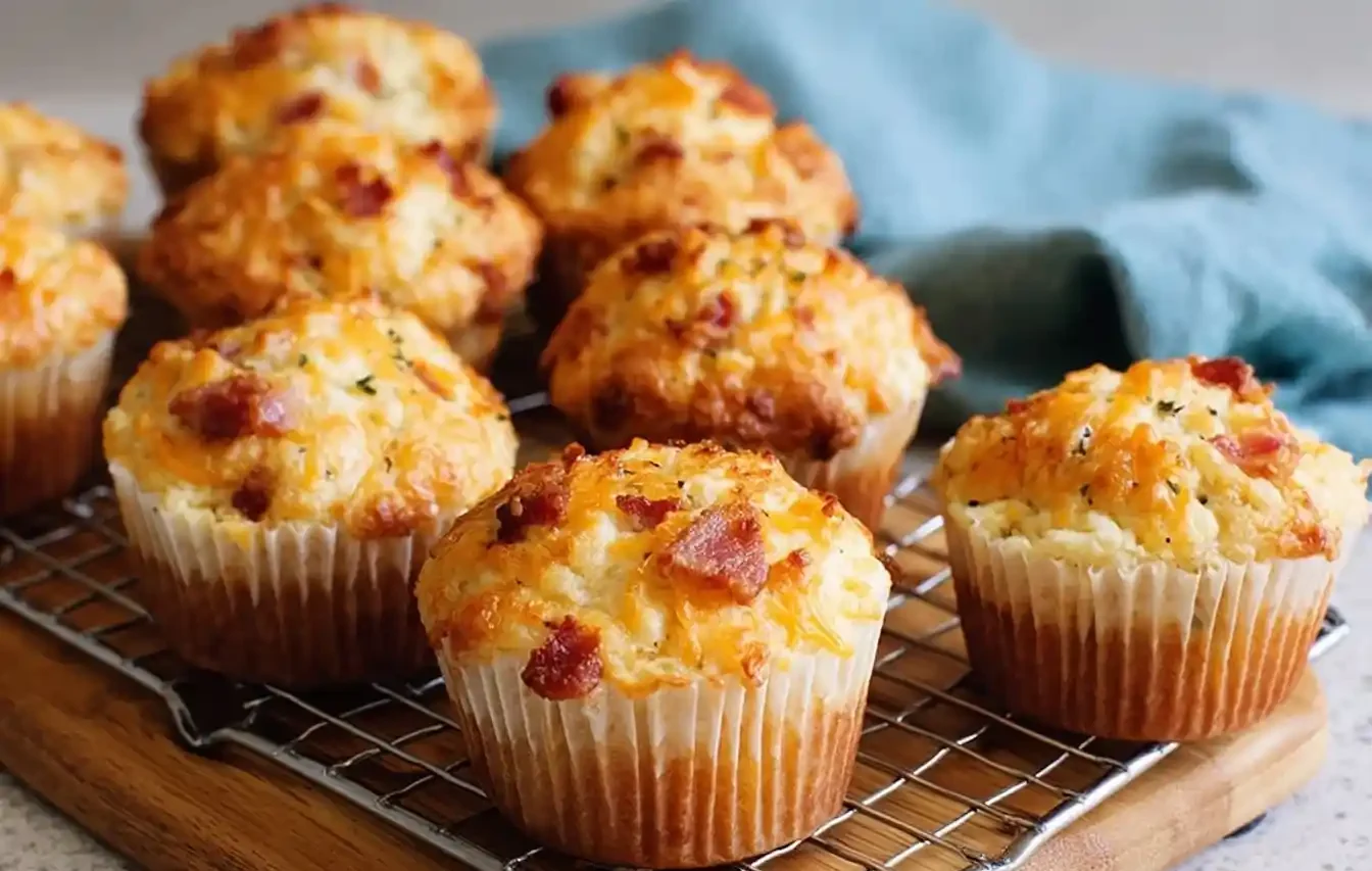 Close-up of freshly baked Bacon and Cheese Muffins cooling on a wire rack, topped with melted cheddar and herbs.