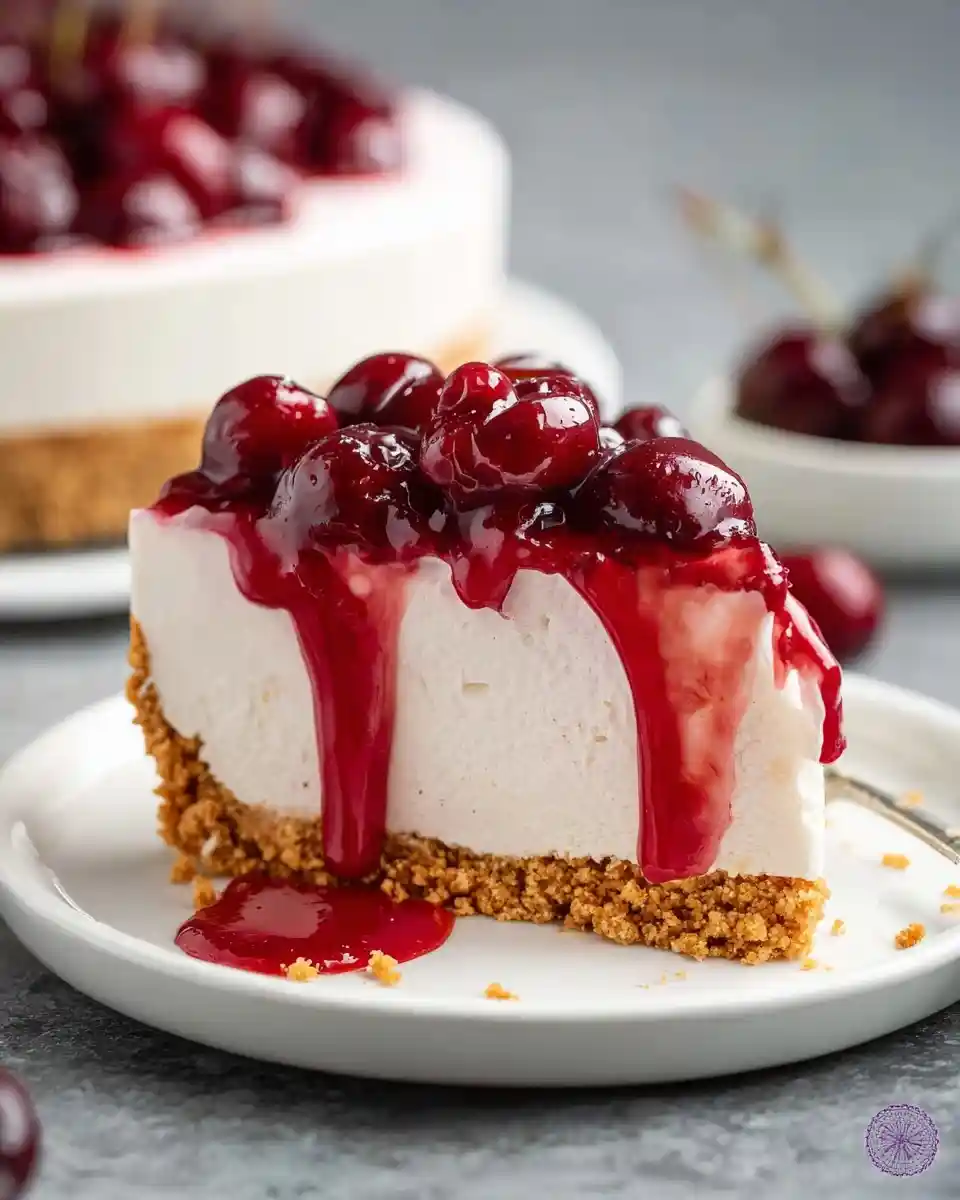 A close-up of a delicious slice of cherry cheesecake with glossy cherry topping dripping down the sides on a white plate.