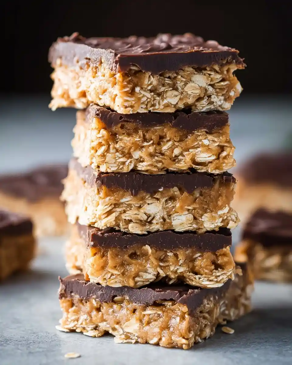 A tall stack of chewy peanut butter chocolate oat bars with a thick layer of dark fudge on top.
