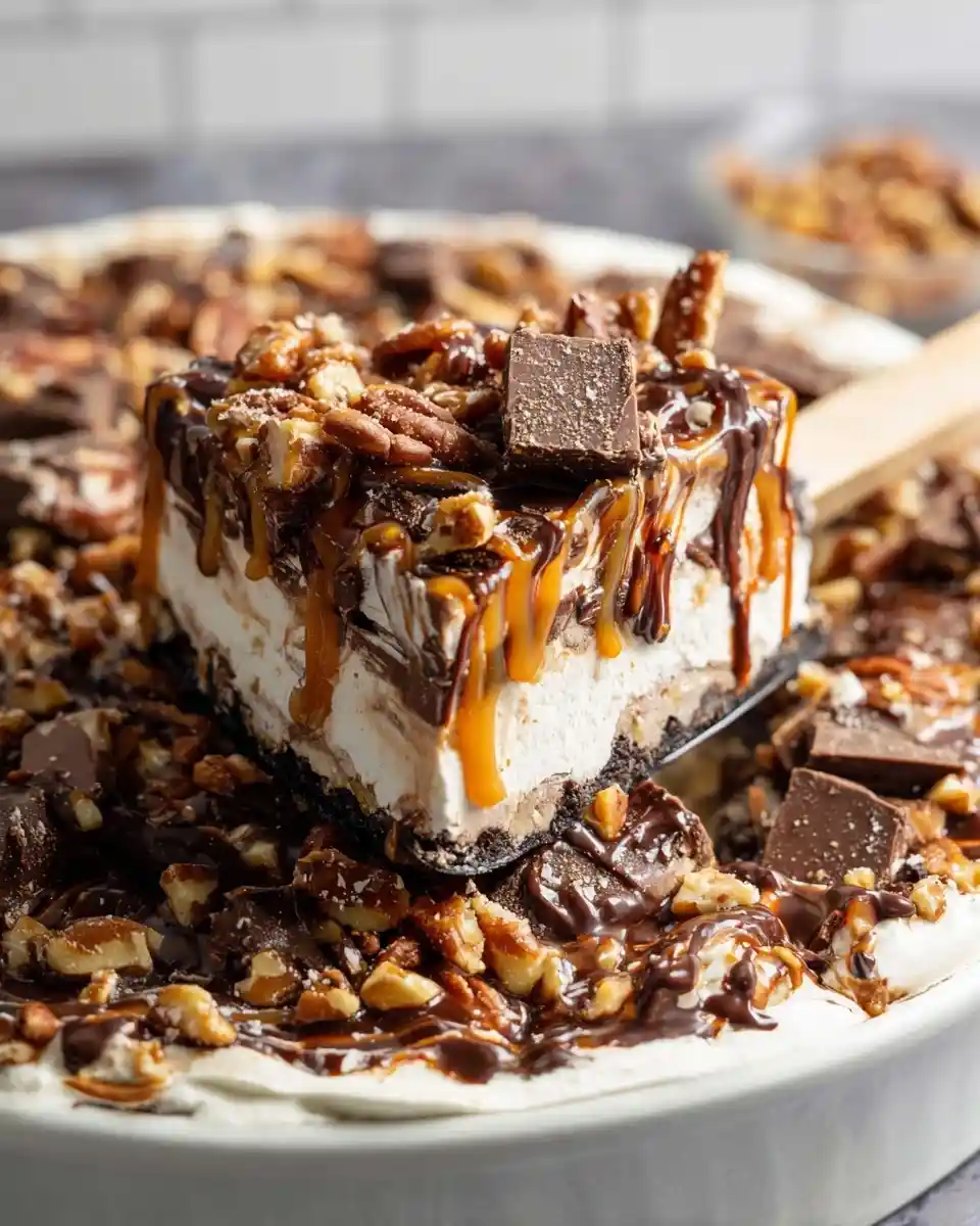 A decadent slice of {{ $('Fetch Recipe Data').first().json["Main Keyword"] }} topped with caramel, chocolate, and pecans.