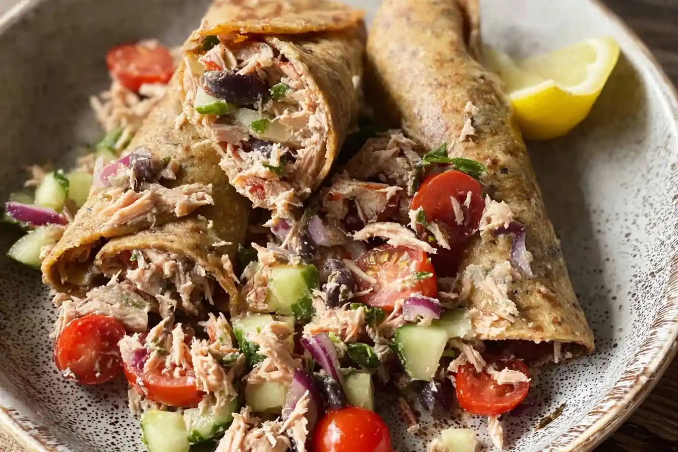 Close-up view of healthy Tuna Salad Wraps filled with tuna, cucumbers, and tomatoes on a speckled plate.