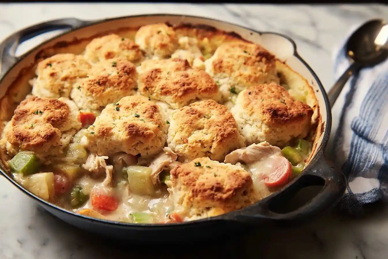 Creamy {{ $('Fetch Recipe Data').first().json["Main Keyword"] }} topped with golden drop biscuits in a skillet.