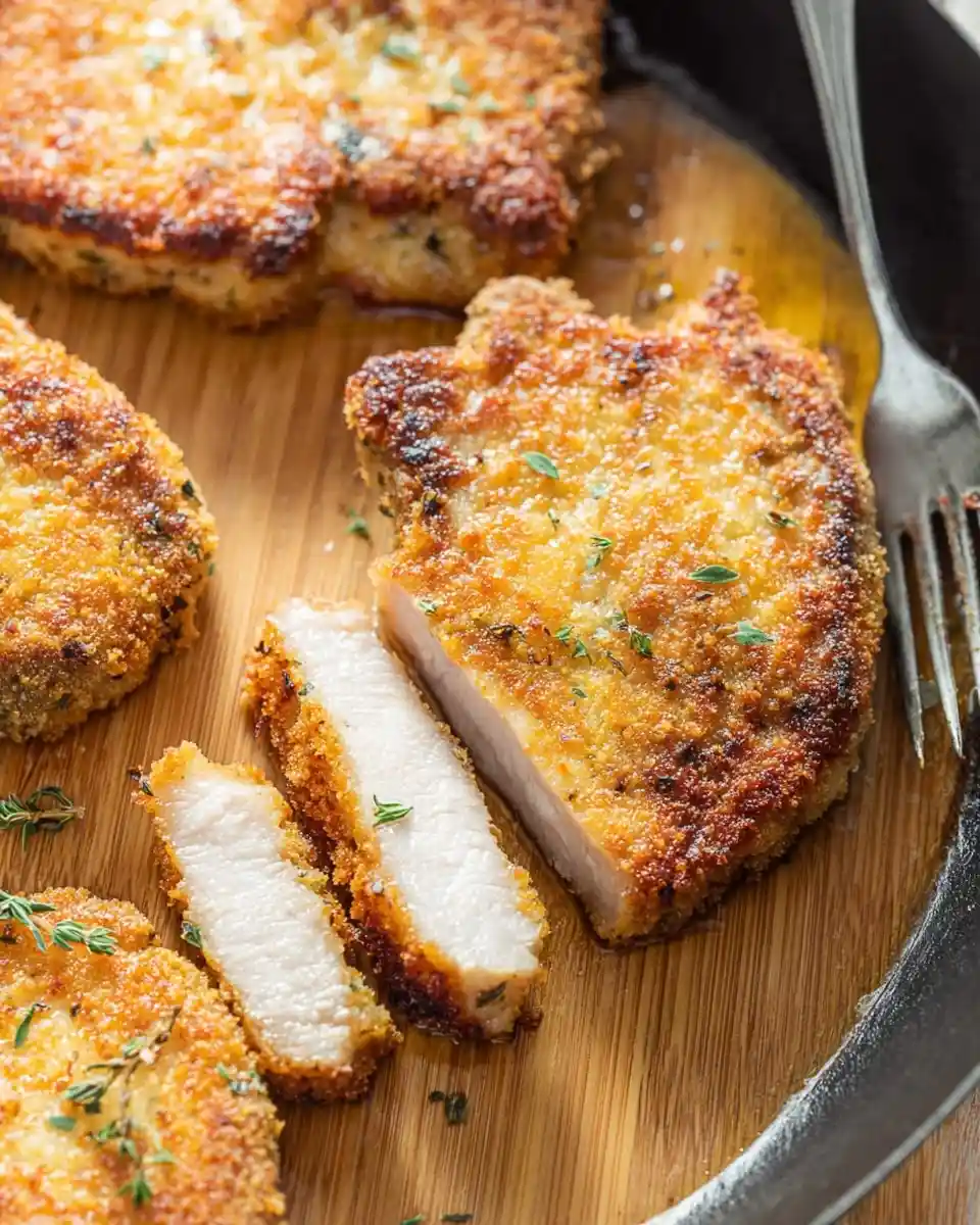 Sliced golden {{ $('Fetch Recipe Data').first().json["Main Keyword"] }} in a pan showing a juicy interior, garnished with thyme.