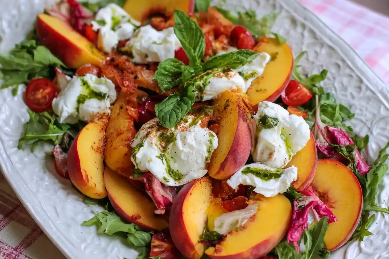 A platter featuring a {{ $('Fetch Recipe Data').first().json["Main Keyword"] }} with burrata and greens.