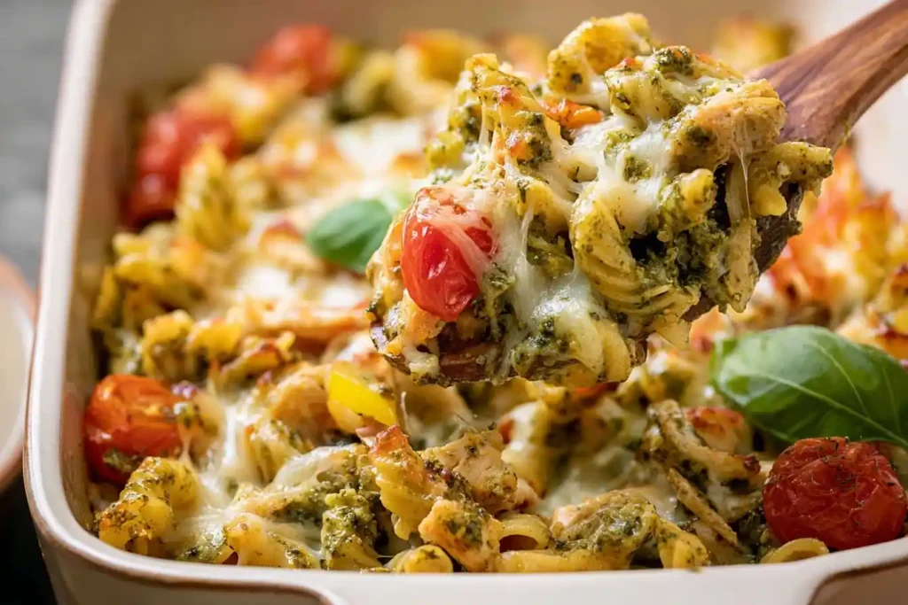 A wooden spoon scoops a cheesy {{ $('Fetch Recipe Data').first().json["Main Keyword"] }} with cherry tomatoes from a dish.