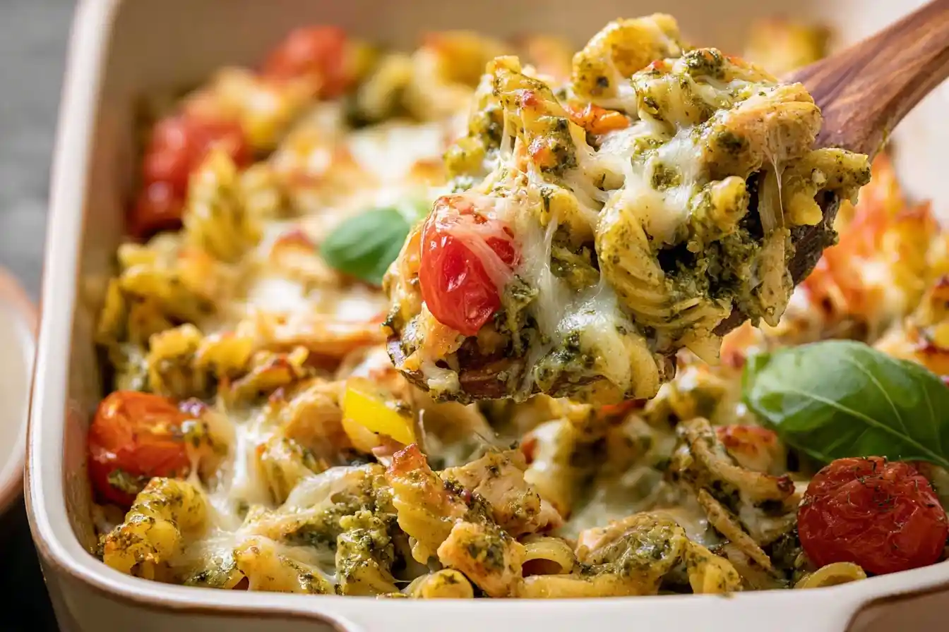 A wooden spoon scoops a cheesy {{ $('Fetch Recipe Data').first().json["Main Keyword"] }} with cherry tomatoes from a dish.