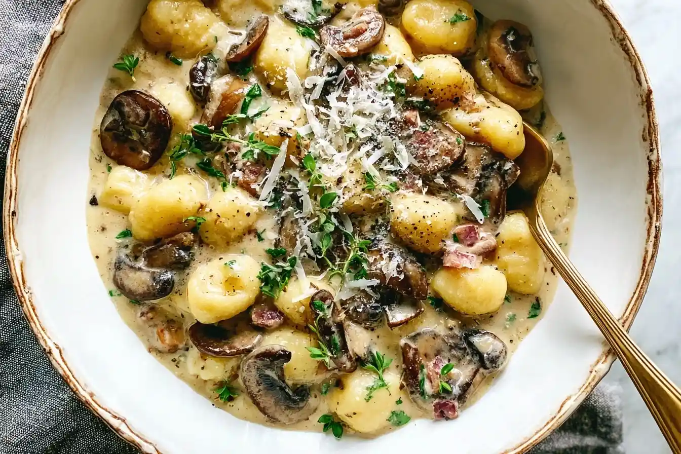 Top-down view of a rustic bowl filled with Creamy Mushroom Gnocchi, sautéed mushrooms, and fresh thyme.