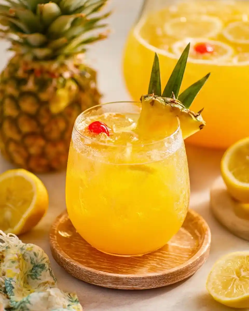 A cold glass of {{ $('Fetch Recipe Data').first().json["Main Keyword"] }} garnished with a pineapple wedge, cherry, and fresh lemons.