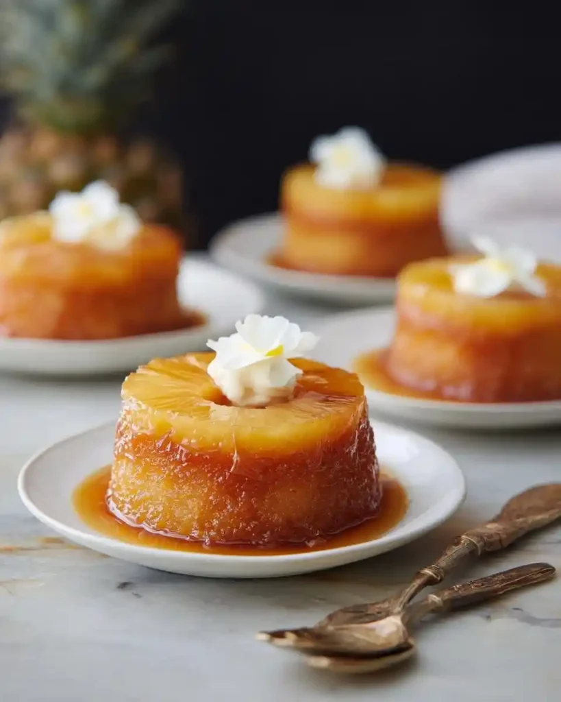 Golden baked mini pineapple upside-down cakes on white plates, dripping with sweet caramel glaze.