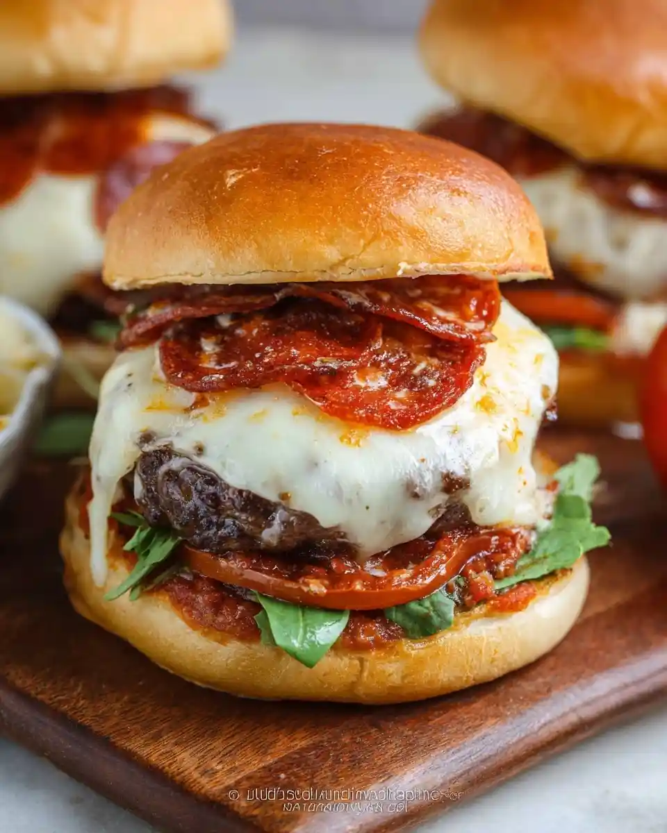 A juicy {{ $('Fetch Recipe Data').first().json["Main Keyword"] }} with melted mozzarella, pepperoni, greens, and marinara on a toasted bun.