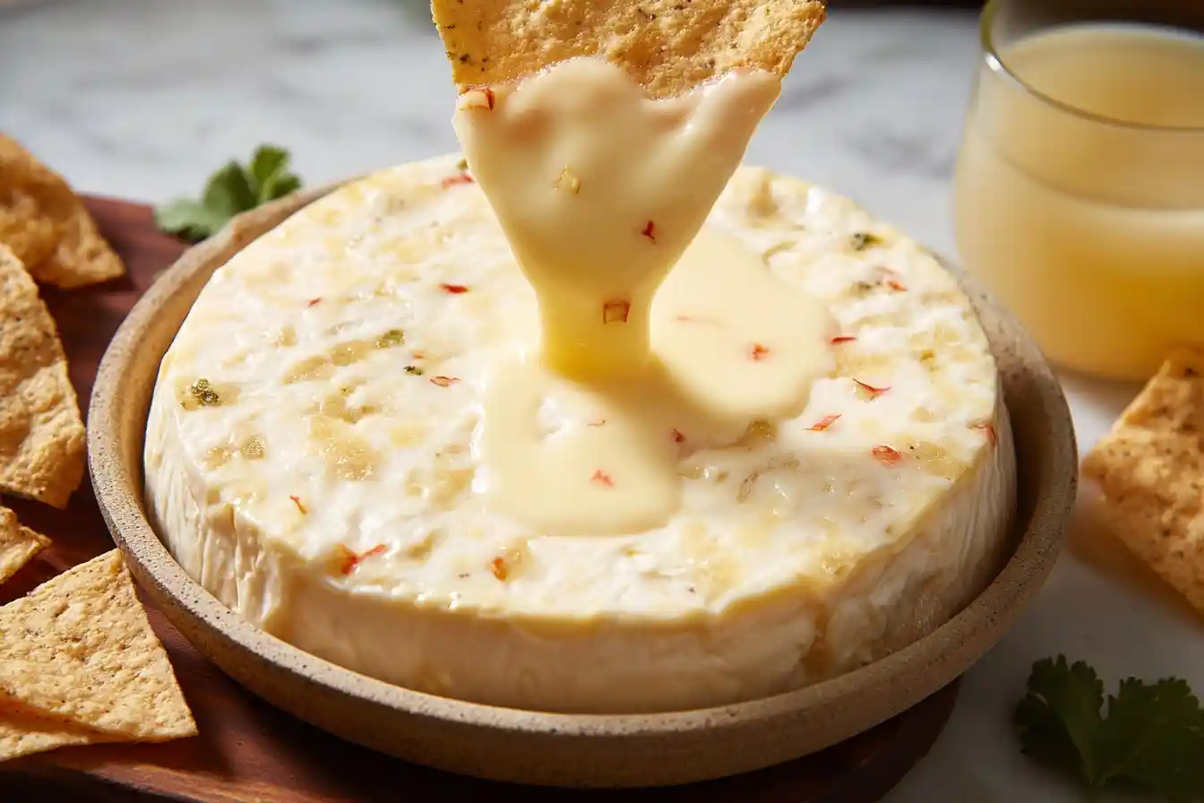 Tortilla chip dipping into a bowl of creamy melted Queso Blanco with visible spices and peppers.