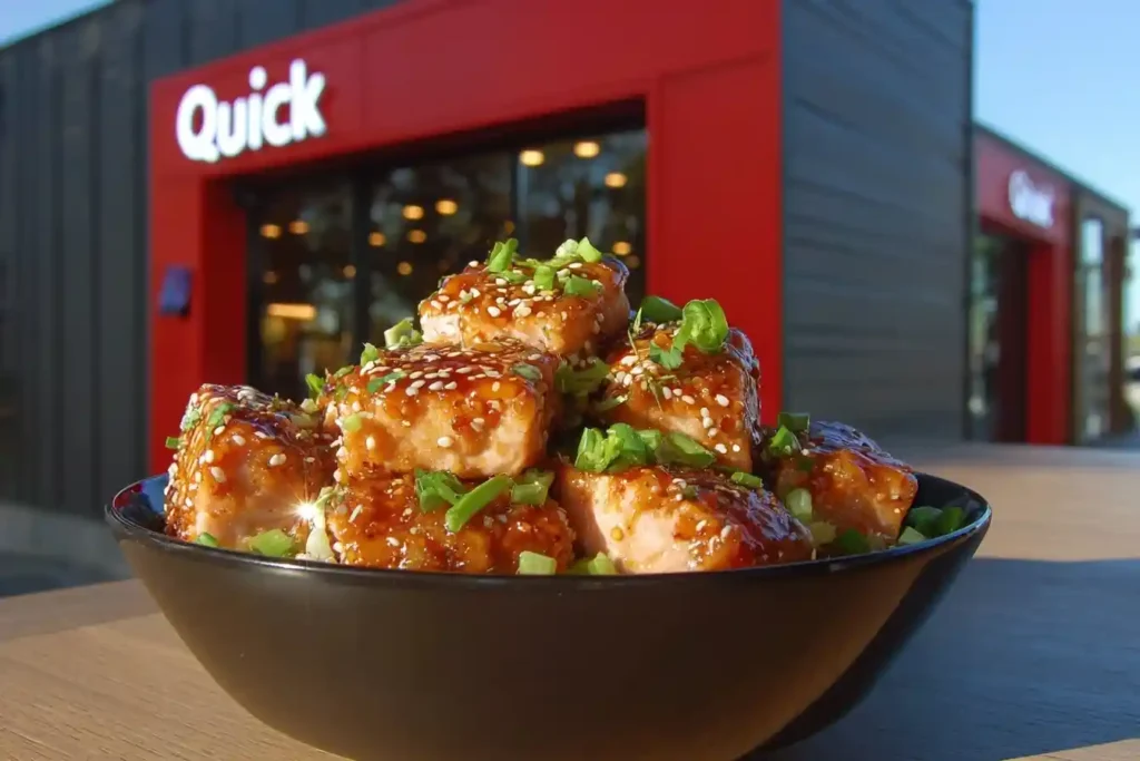 A black bowl filled with savory glazed salmon bites garnished with sesame seeds and fresh green onions.