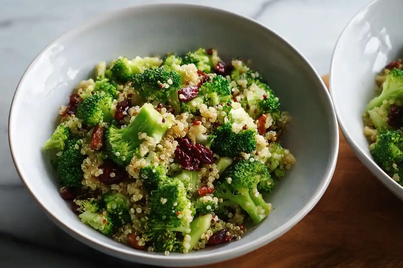 Close-up of a white bowl filled with healthy broccoli quinoa salad, dried cranberries, and chopped nuts.