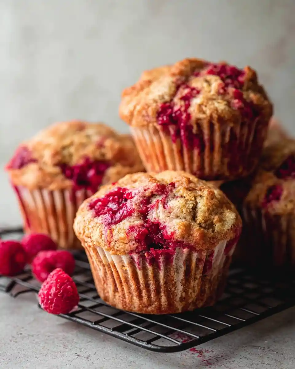 Freshly baked raspberry muffins on a black wire cooling rack with fresh berries nearby.