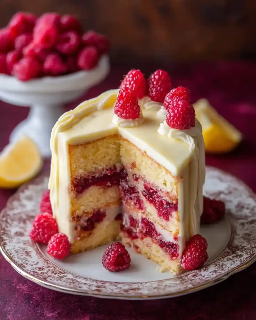 A slice of {{ $('Fetch Recipe Data').first().json["Main Keyword"] }} with fresh raspberries on top.