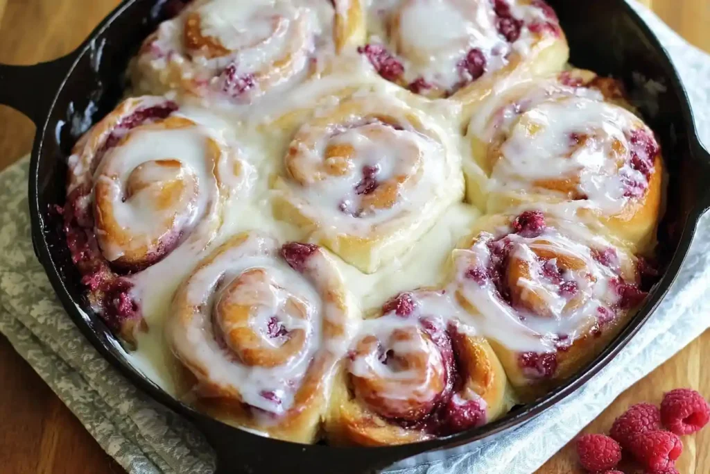 Freshly baked {{ $('Fetch Recipe Data').first().json["Main Keyword"] }} with white icing in a cast iron skillet.