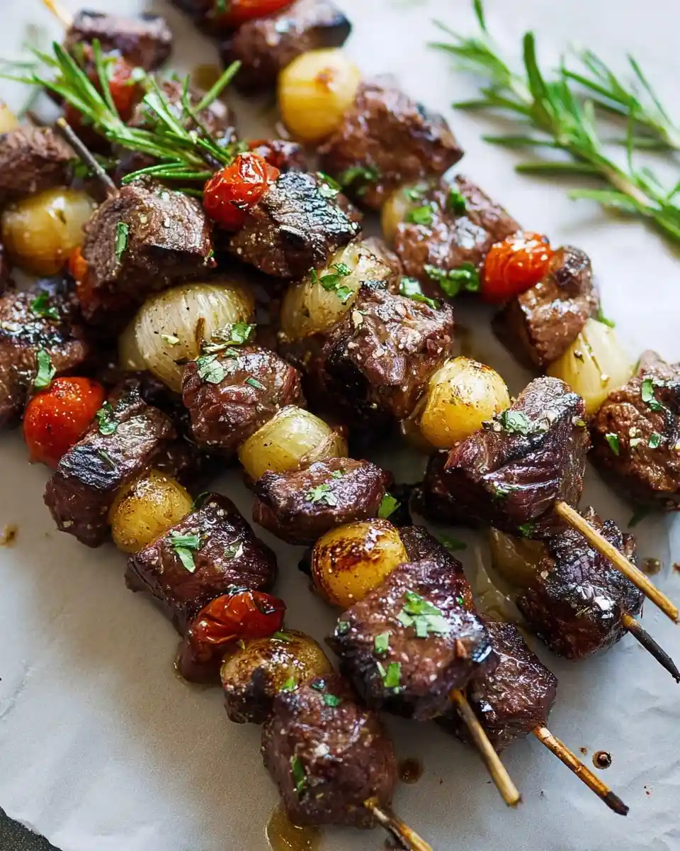 Close up of grilled steak skewers with pearl onions and cherry tomatoes on parchment paper.