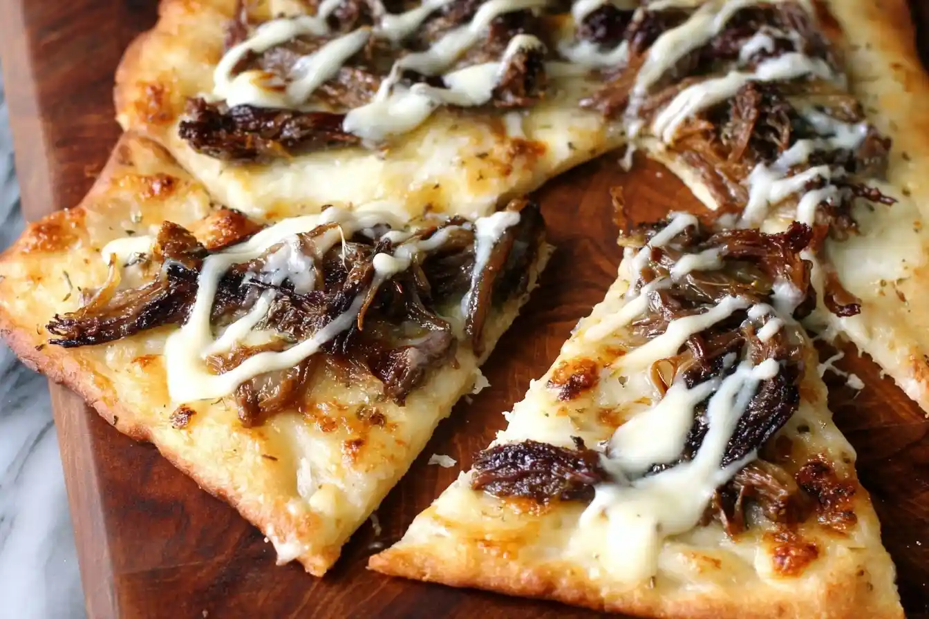 Close-up of sliced shredded beef flatbread topped with melted cheese and a creamy drizzle on a wooden board.