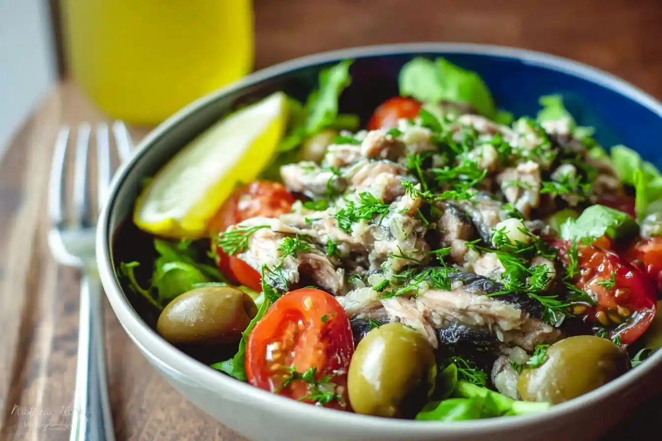 A bowl of fresh mackerel salad featuring flaky fish, cherry tomatoes, green olives, and lemon.