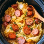 A black crockpot filled with delicious slow cooker sausage and cabbage, garnished with parsley.
