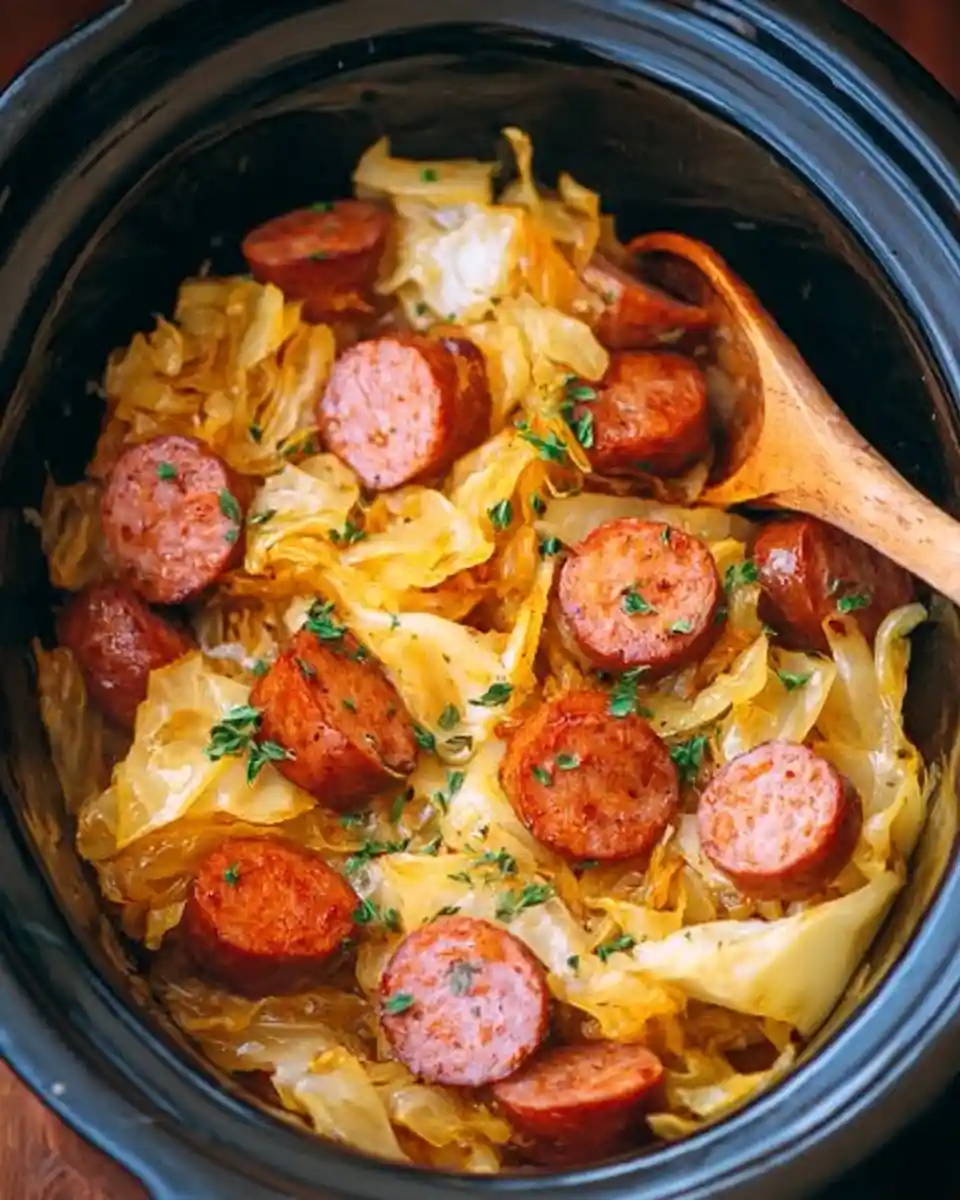 A black crockpot filled with delicious slow cooker sausage and cabbage, garnished with parsley.