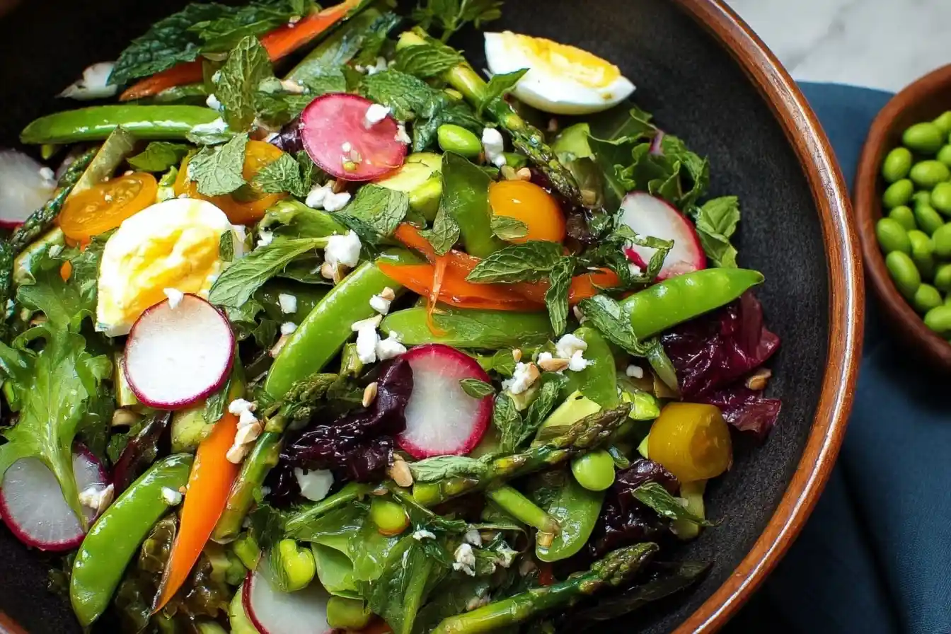 Vibrant spring salad with asparagus, radishes, snap peas, and hard-boiled eggs in a black bowl.
