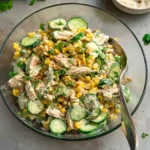 A large glass bowl filled with creamy chicken cucumber corn salad, garnished with fresh cilantro.