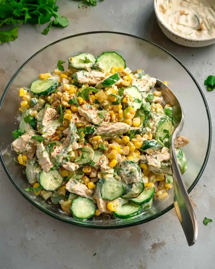 A large glass bowl filled with creamy chicken cucumber corn salad, garnished with fresh cilantro.