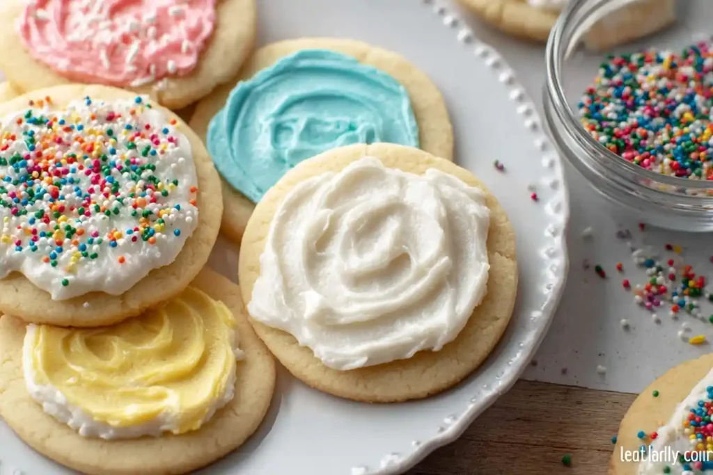 Close-up view of soft frosted sugar cookies on a white plate topped with pink, blue, yellow, and white buttercream.