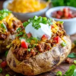 A close-up of a delicious chili baked potato topped with sour cream, shredded cheese, and fresh cilantro.