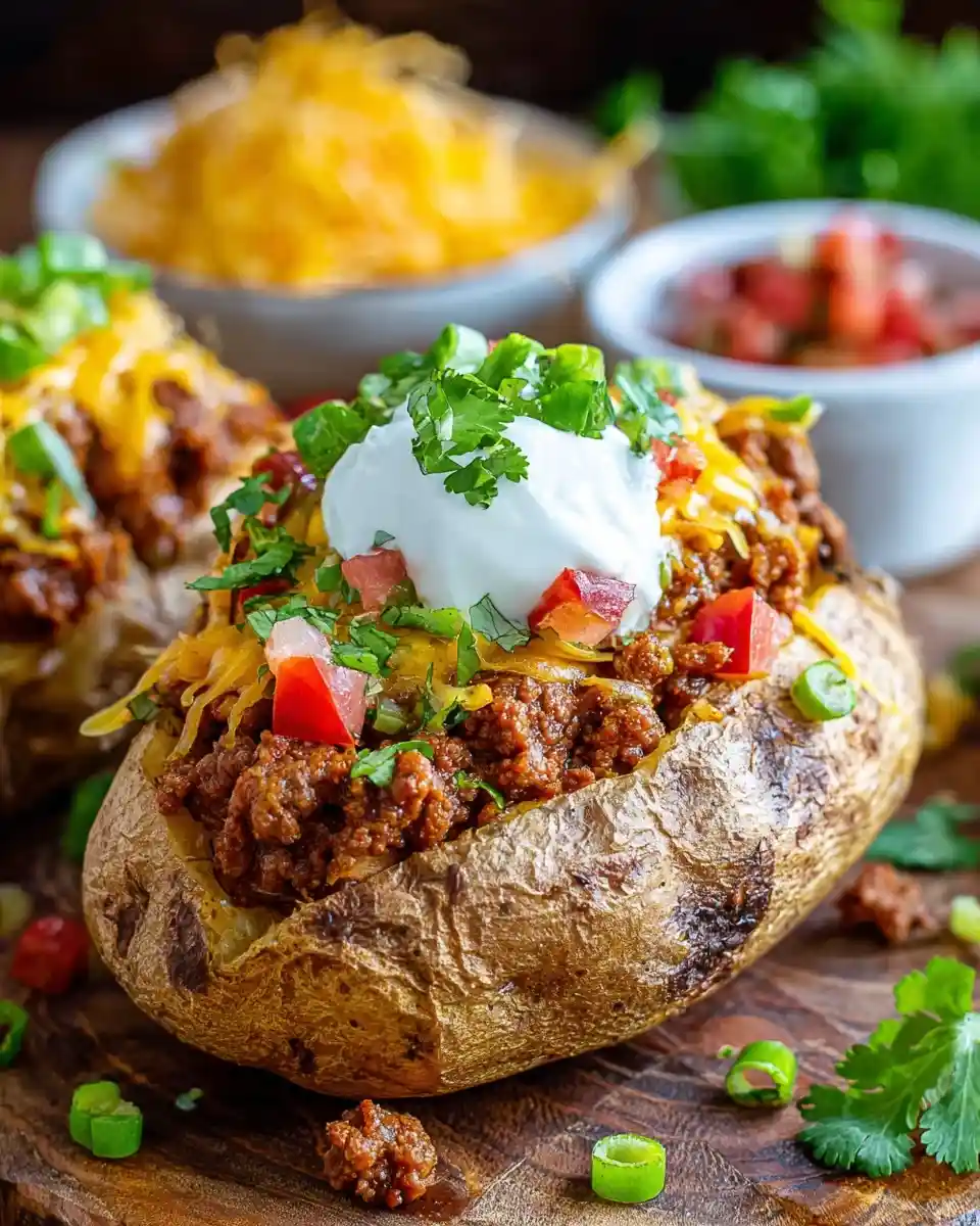 A close-up of a delicious chili baked potato topped with sour cream, shredded cheese, and fresh cilantro.