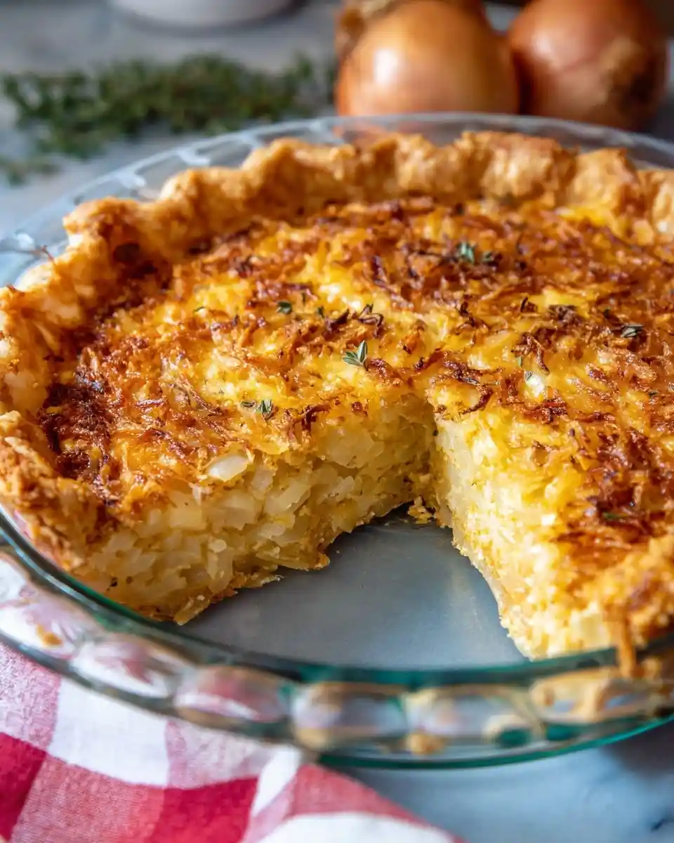 A freshly baked {{ $('Fetch Recipe Data').first().json["Main Keyword"] }} in a glass dish, revealing a savory, cheesy filling.