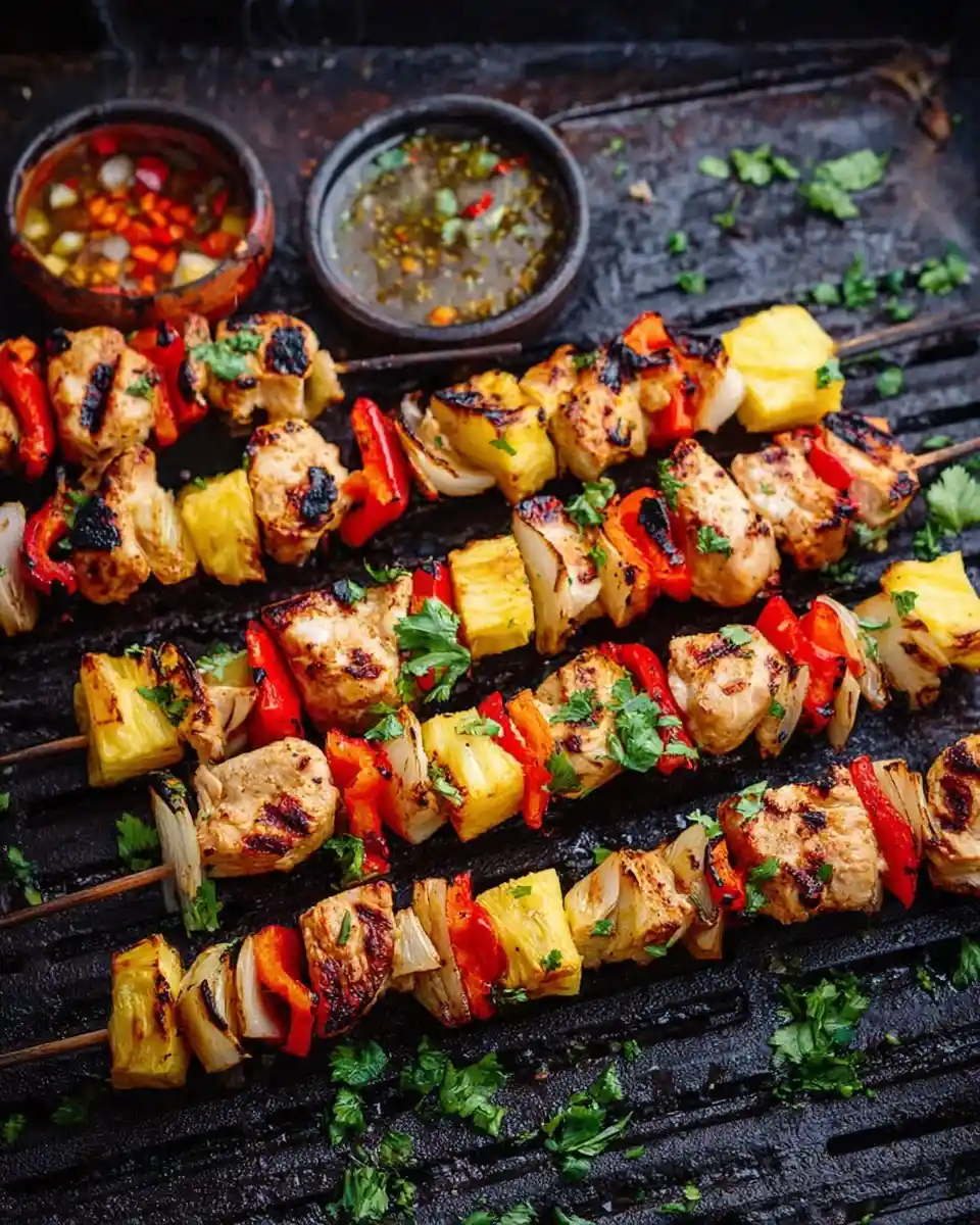 Grilled {{ $('Fetch Recipe Data').first().json["Main Keyword"] }} loaded with pineapple, red peppers, and onions next to dipping sauces.