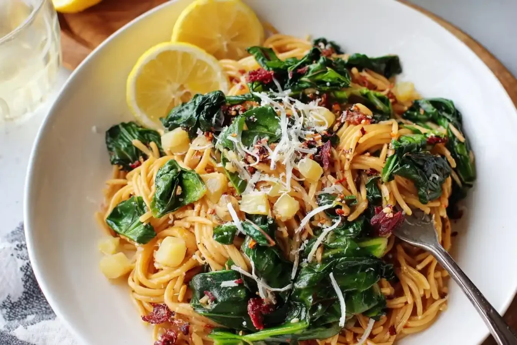 Overhead view of a bowl of lemon spinach pasta with sun-dried tomatoes, garlic, grated cheese, and fresh lemon slices.