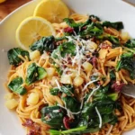 Overhead view of a bowl of lemon spinach pasta with sun-dried tomatoes, garlic, grated cheese, and fresh lemon slices.