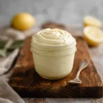 A glass jar of creamy {{ $('Fetch Recipe Data').first().json["Main Keyword"] }} on a wooden board with a spoon and lemons.