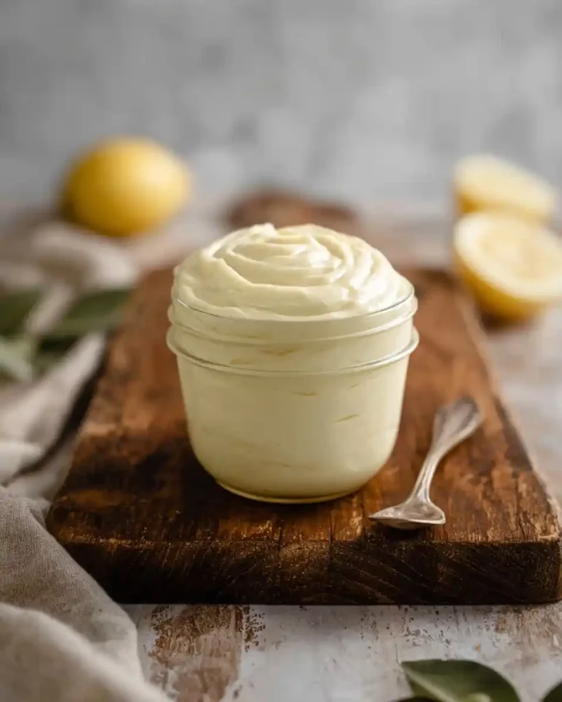 A glass jar of creamy {{ $('Fetch Recipe Data').first().json["Main Keyword"] }} on a wooden board with a spoon and lemons.