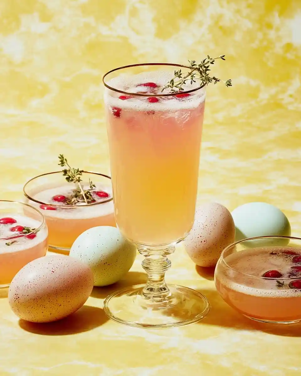 A foamy {{ $('Fetch Recipe Data').first().json["Main Keyword"] }} with cranberries and thyme next to pastel eggs.