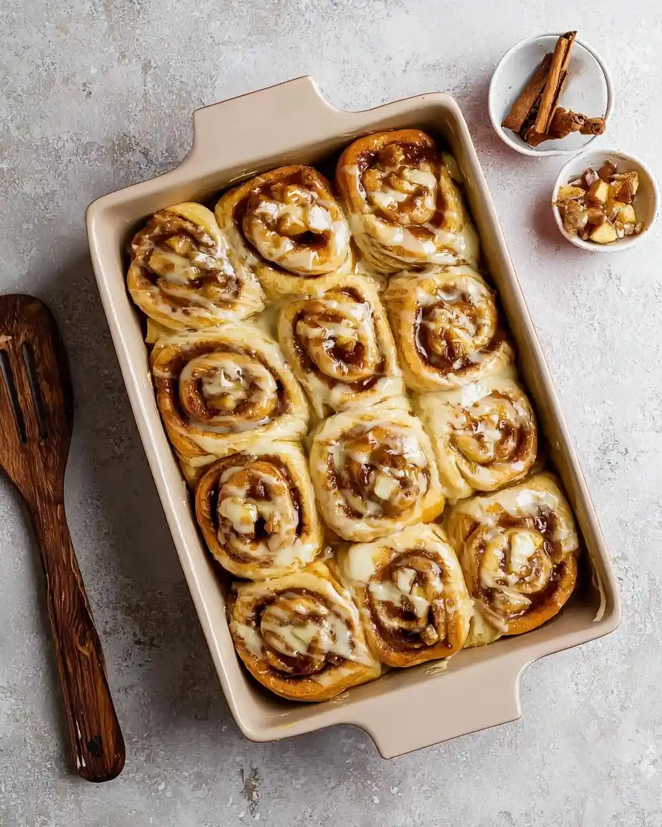 A baking dish filled with freshly baked apple cinnamon rolls topped with icing, next to cinnamon sticks.