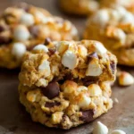 A broken open s'mores cookie showing gooey marshmallows and chocolate chunks, with more cookies behind it.