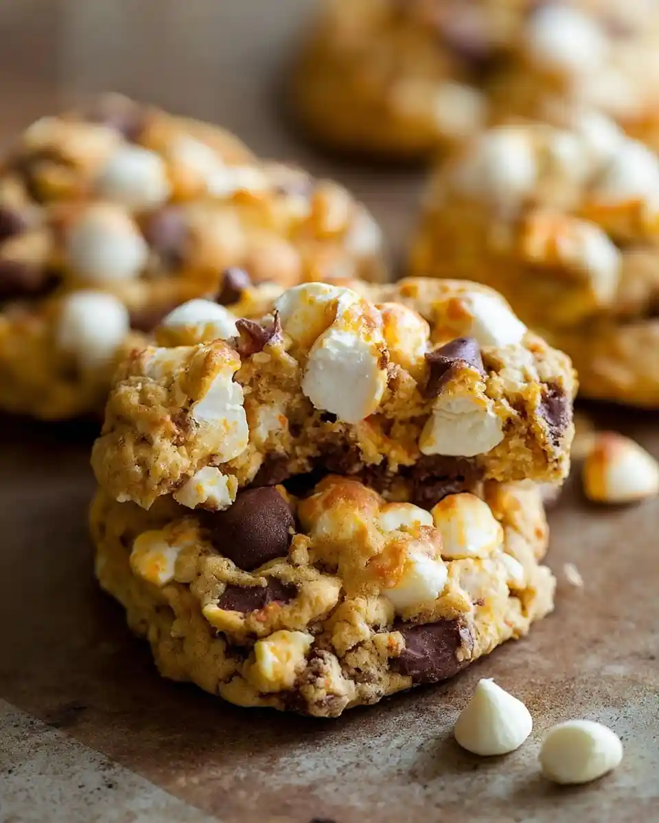 A broken open s'mores cookie showing gooey marshmallows and chocolate chunks, with more cookies behind it.