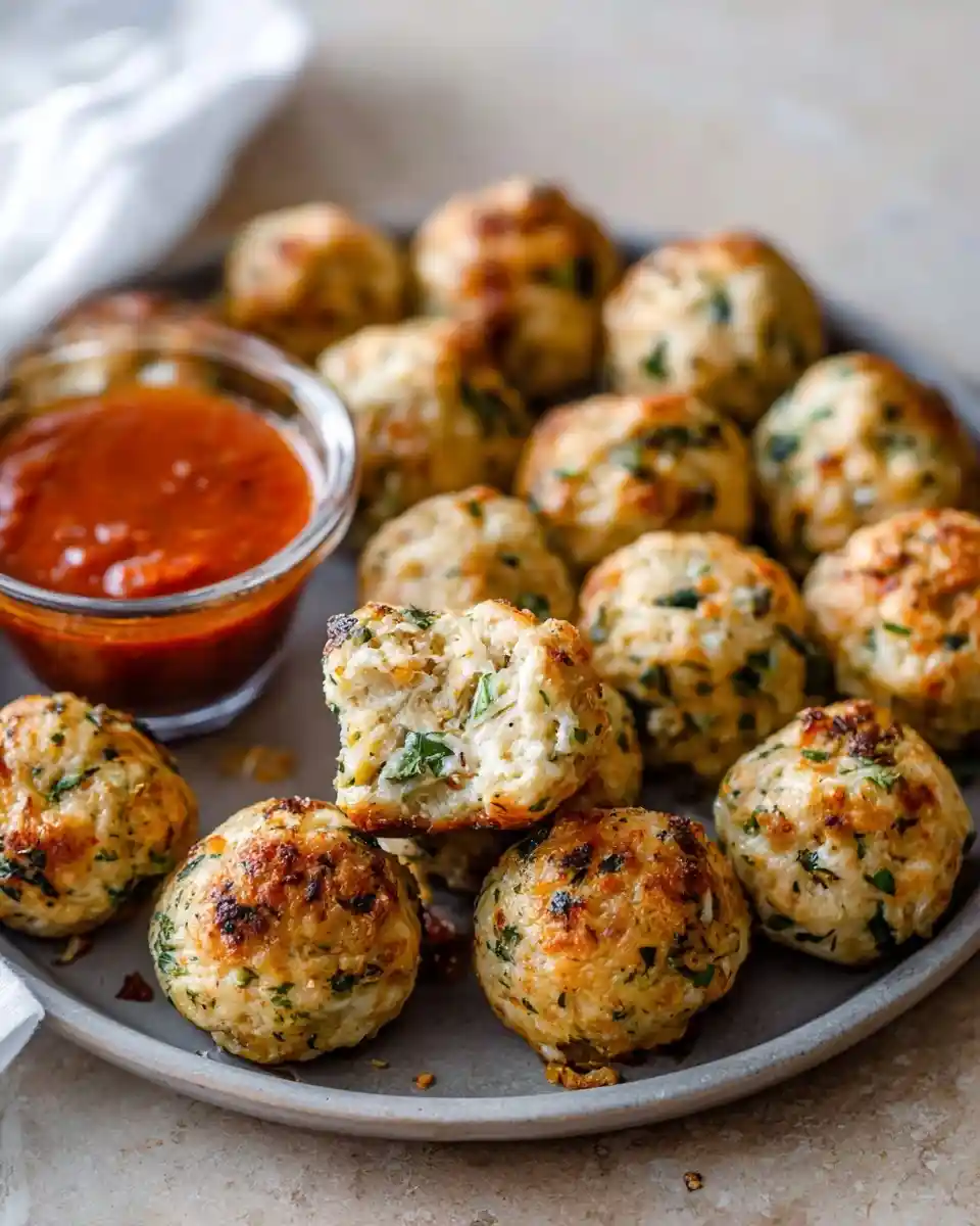 Golden baked chicken meatballs on a grey plate with fresh herbs and a bowl of red dipping sauce.